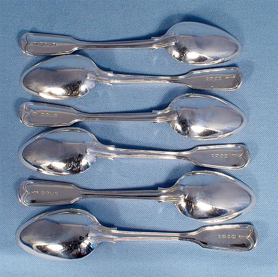 A set of six Victorian silver fiddle and thread dessert spoons, by Josiah Piercy II, Length: 182mm, weight 10.9oz/340grms